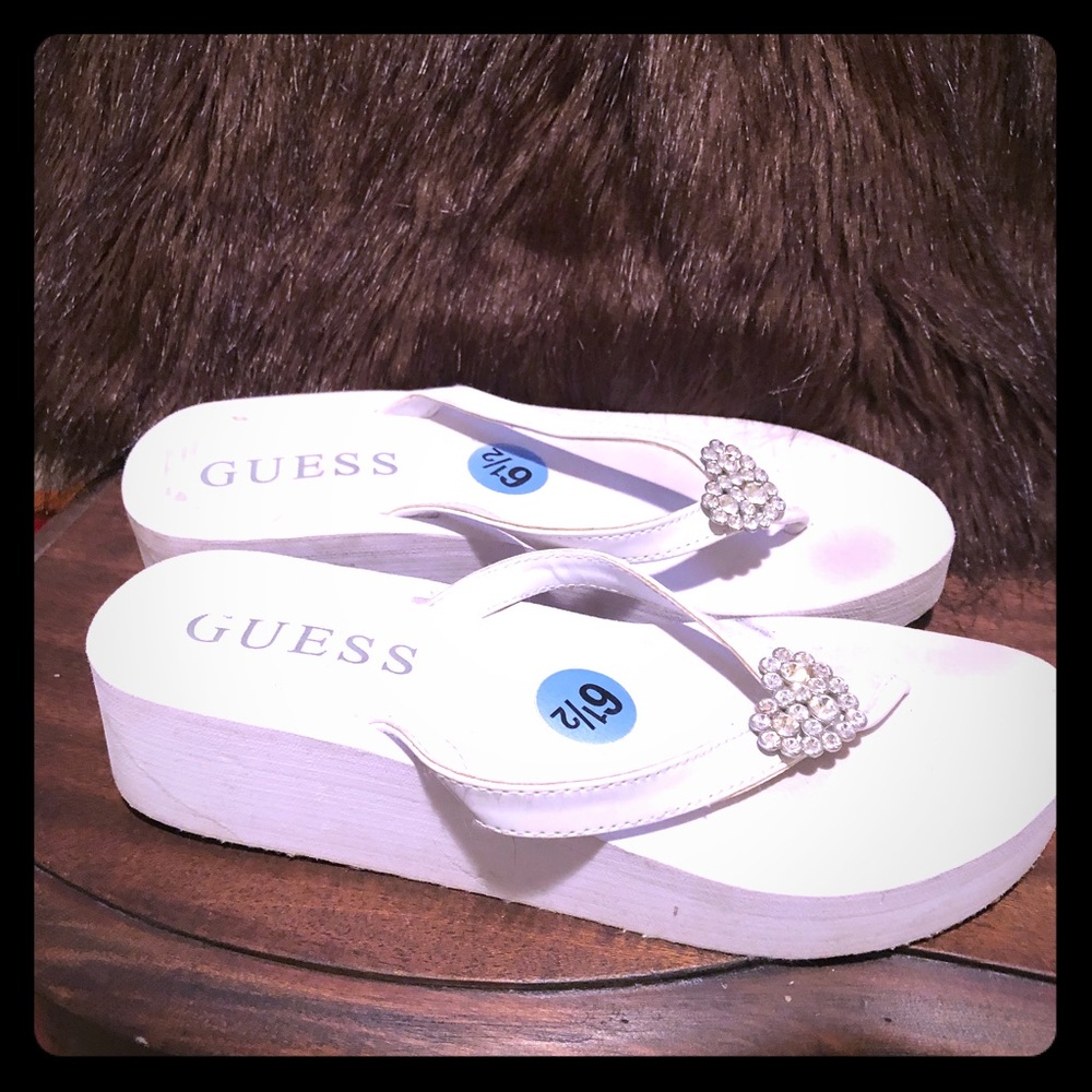 Guess white heart rhinestone flip flop